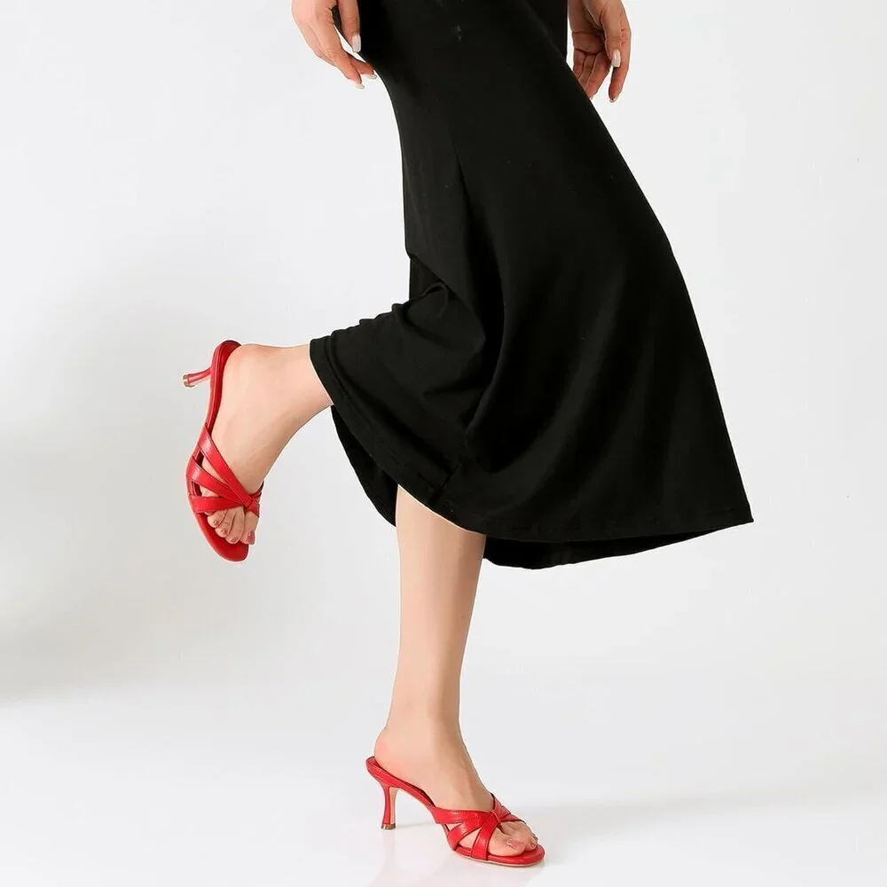 Women Strappy Kitten Heels Open Toe Slip On Mules Thong Sandal for Party Wedding